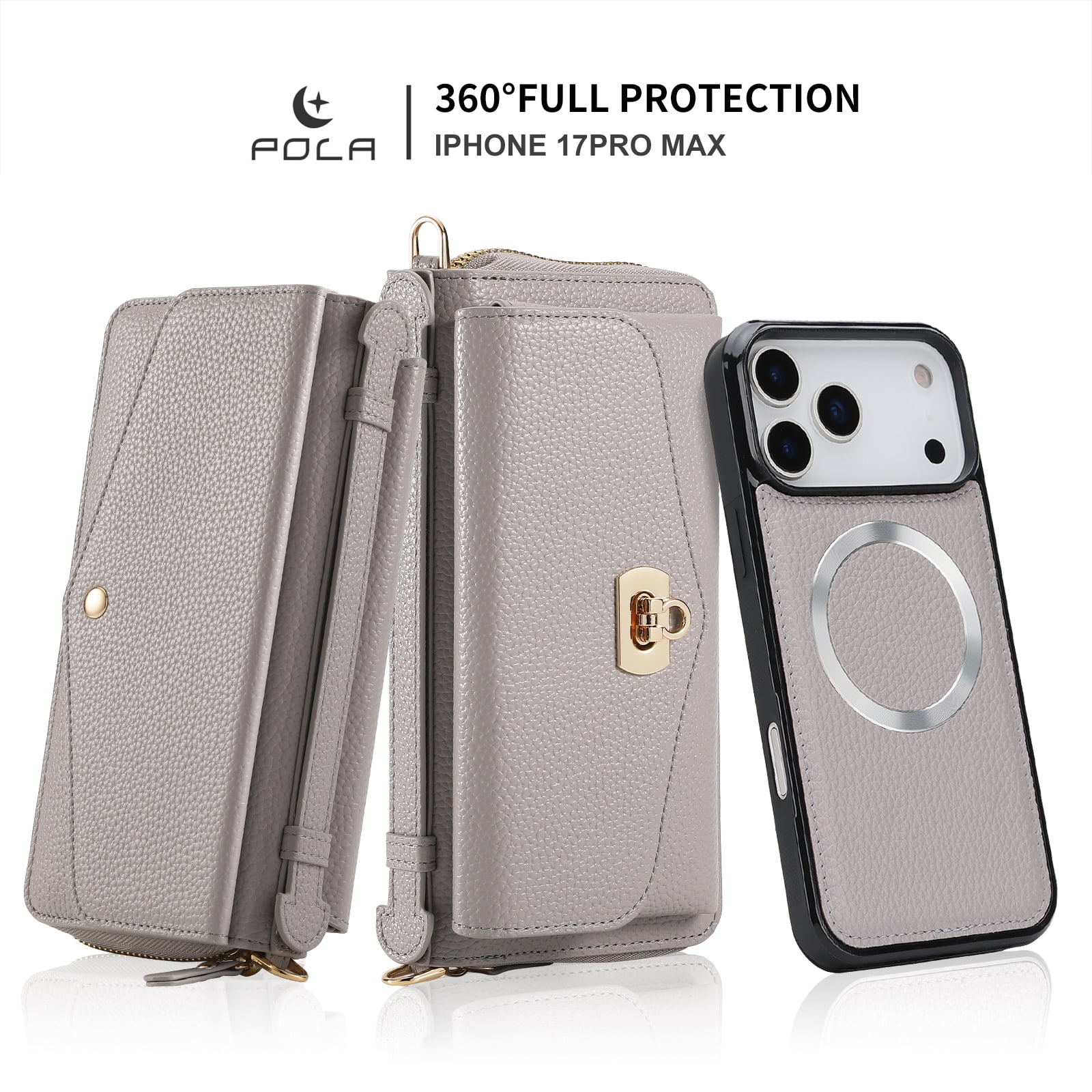 Dteck Crossbody Wallet Case for iPhone 17 Pro Max, Magnetic Detachable Floral PU Leather Phone Case with RFID Blocking Card Holder Wristlet Mirror Flip Zipper Shoulder Purse Bag for Women, Grey