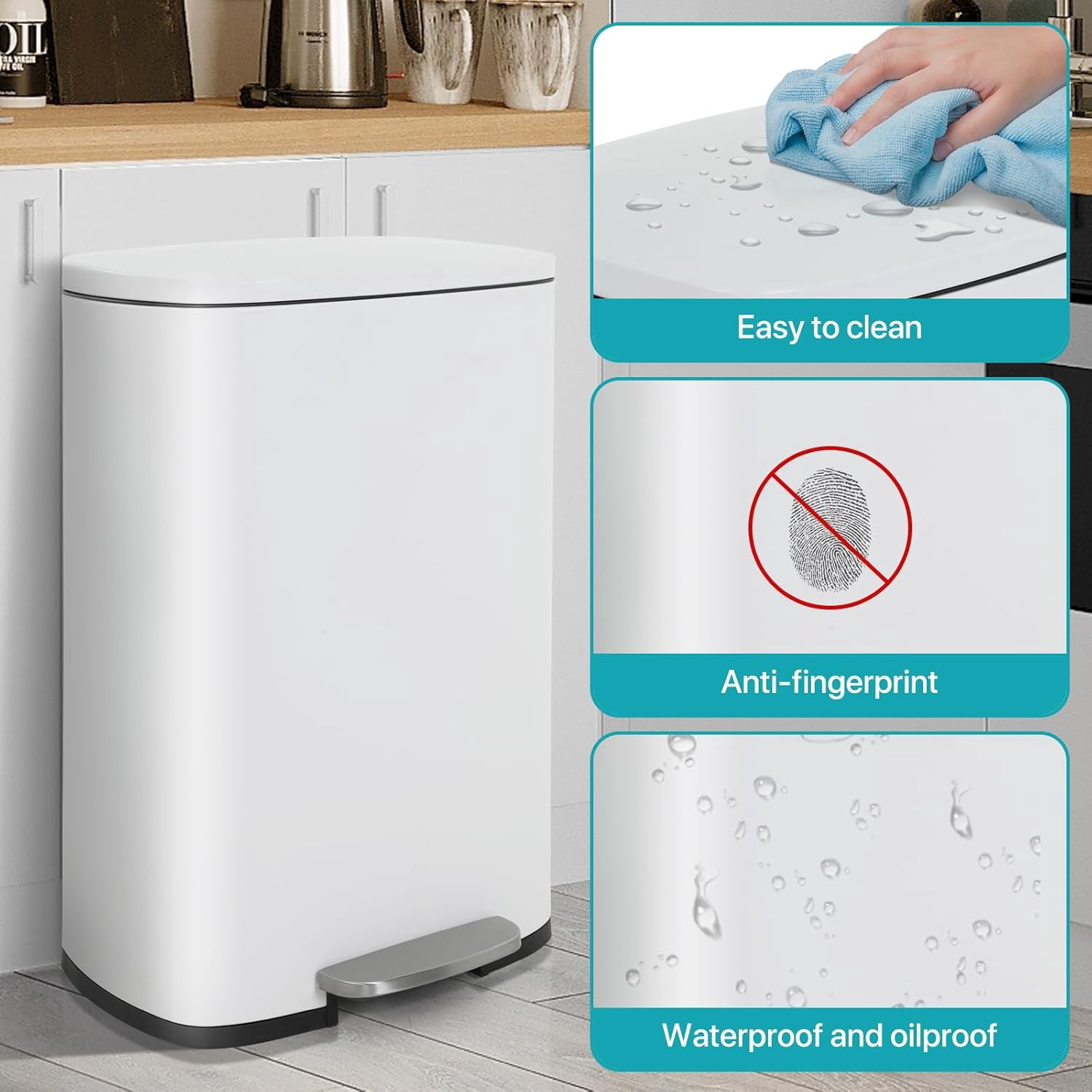 50L / 13 Gallon Step Trash Can, Fingerprint Proof Stainless Steel Kitchen Garbage Bin with Foot Pedal & Inner Bucket