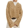 thumbnail image 2 of Female Chunky Cable Crop Sweater Pullover Casual Half Button Flared Long Sleeve Jumper Pullovers Khaki XL, 2 of 7