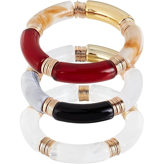 3Pcs 2-1/8 inch Bamboo Tube Bangle Bracelets Colorful Acrylic Beaded Bracelets Stylish Chunky Gold Stacking Bangles Elegant Summer Beach Vacation Jewelry for Woman Men