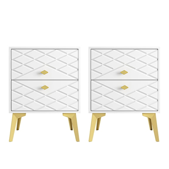 Resenkos 2Pcs Nightstand, 2 Drawer Dresser for Bedroom, Small Side Table, Bedside Furniture, Night Stand, End Table with Gold Handle, White