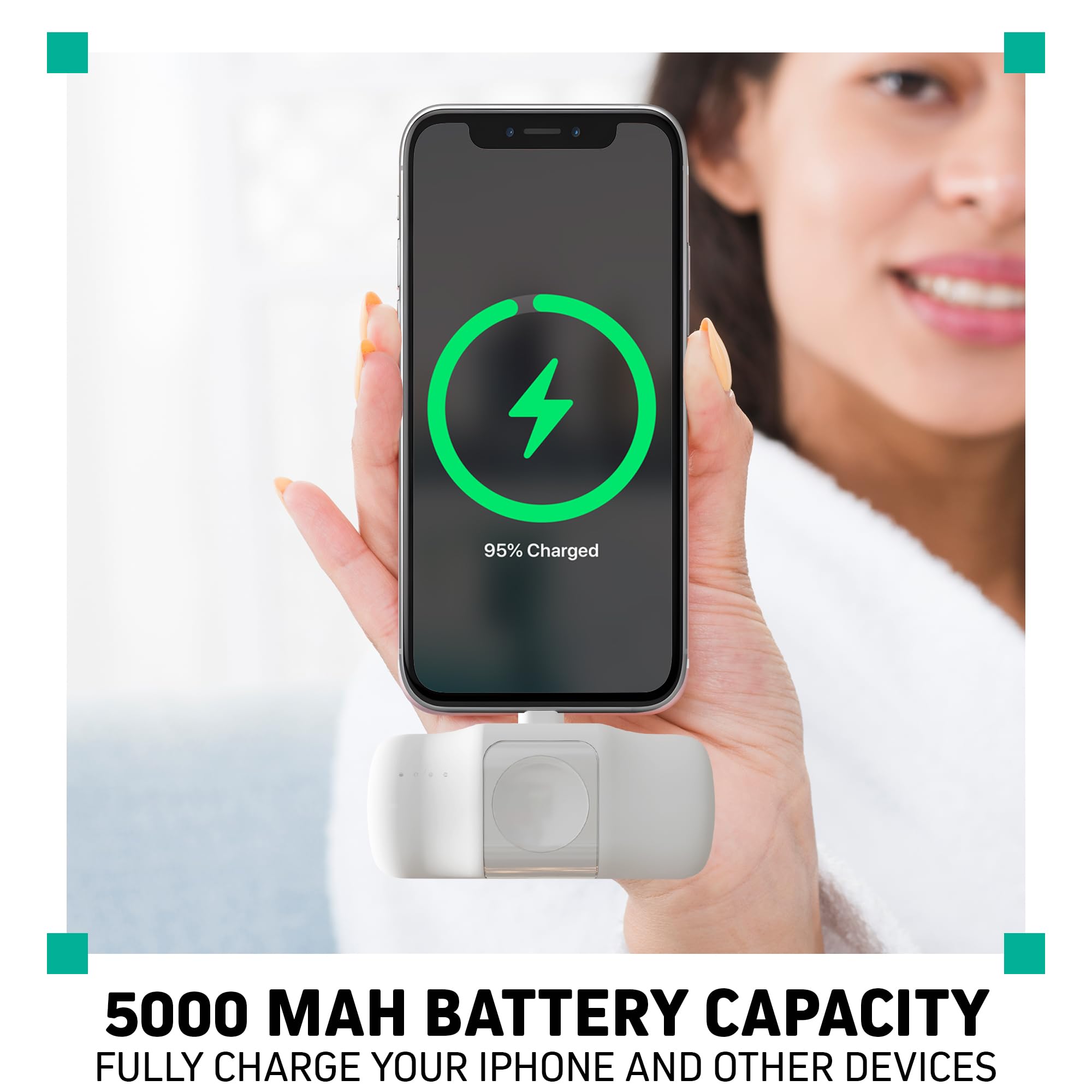 CHARGEWORX 3 in 1 Portable Charger Power Bank for iPhone, USB-C Devices, Smart Watch, 5000mAh Battery, Ultra Compact, Fast Charging Travel Charger, LED Battery Indicator (white)
