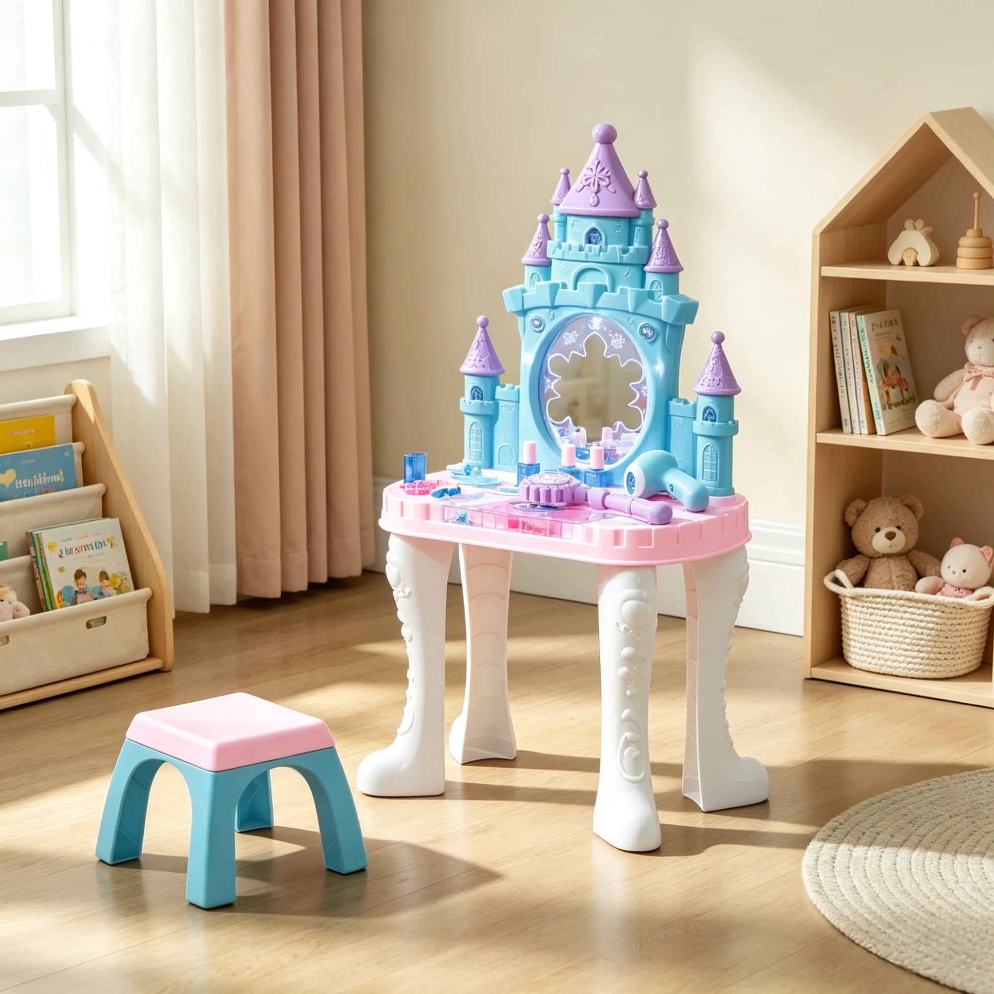 Kids Dressing Table with Mirror Lights and Magic Wand for Ages 3-6