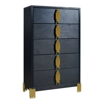 Theo Tall Dresser Chest, 5 Drawers, Vertical Gold Handles, Black Wood