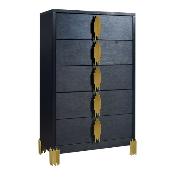 Theo Tall Dresser Chest, 5 Drawers, Vertical Gold Handles, Black Wood