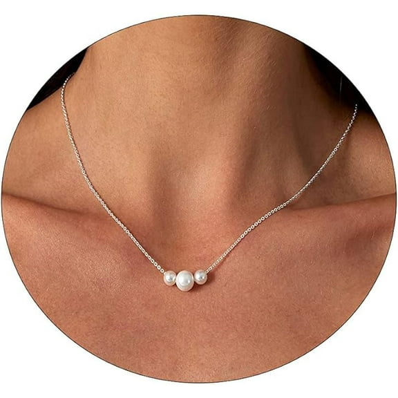 Faty-T Dainty Pearl Pendant Necklaces for Women 14K Gold Plated Handmade Layered Pearl Chain Necklace Delicate Layered Pearl Necklace Everyday Jewelry Gift