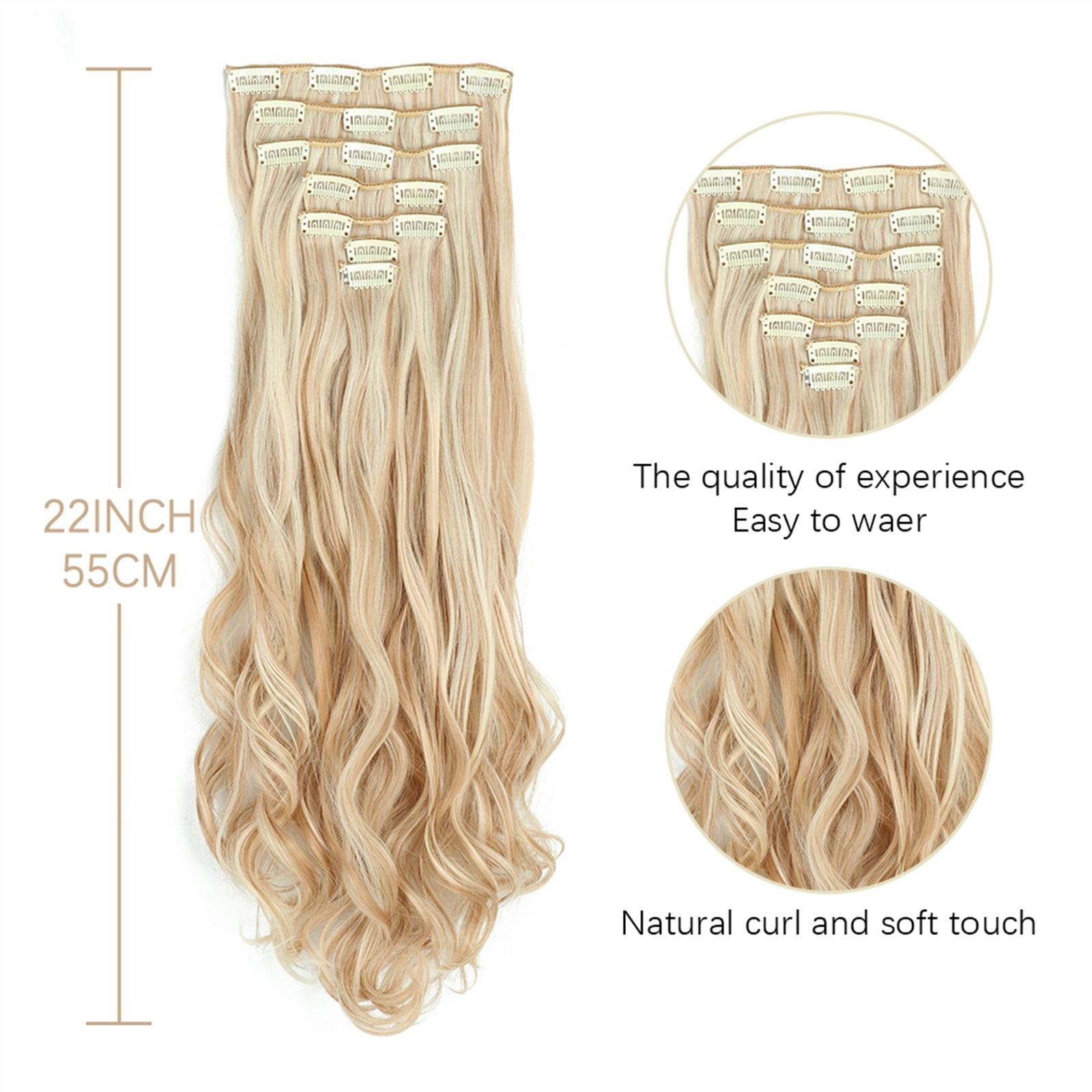 Clip In Hair Extensions Long Wavy 7 PCS Invisible Clip Thick Hairpieces Golden Blonde Hair Piece Soft Full Head Synthetic Fiber for Women, 22 Inches