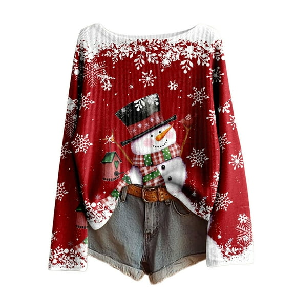 Fiaer T Shirts Women Christmas Oversized Tshirts Crew Neck Long Sleeve Snowman Snowflake Shirts Loose Fit Casual Trendy Tops Red XL