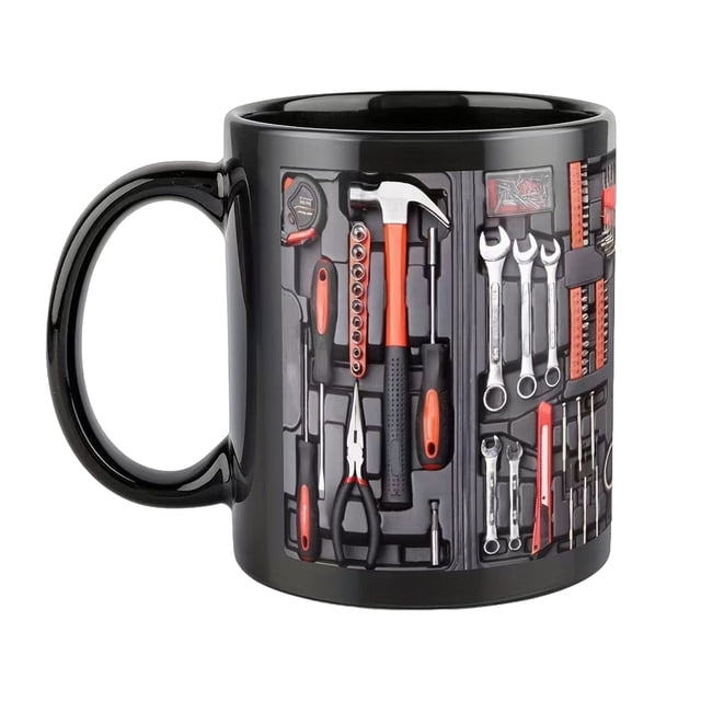 Taza de café con forma de caja de herramientas, taza de cerámica con impresión a doble cara, asa ergonómica, apta para microondas y lavavajillas, regalo para mecánicos, amantes de los coches.