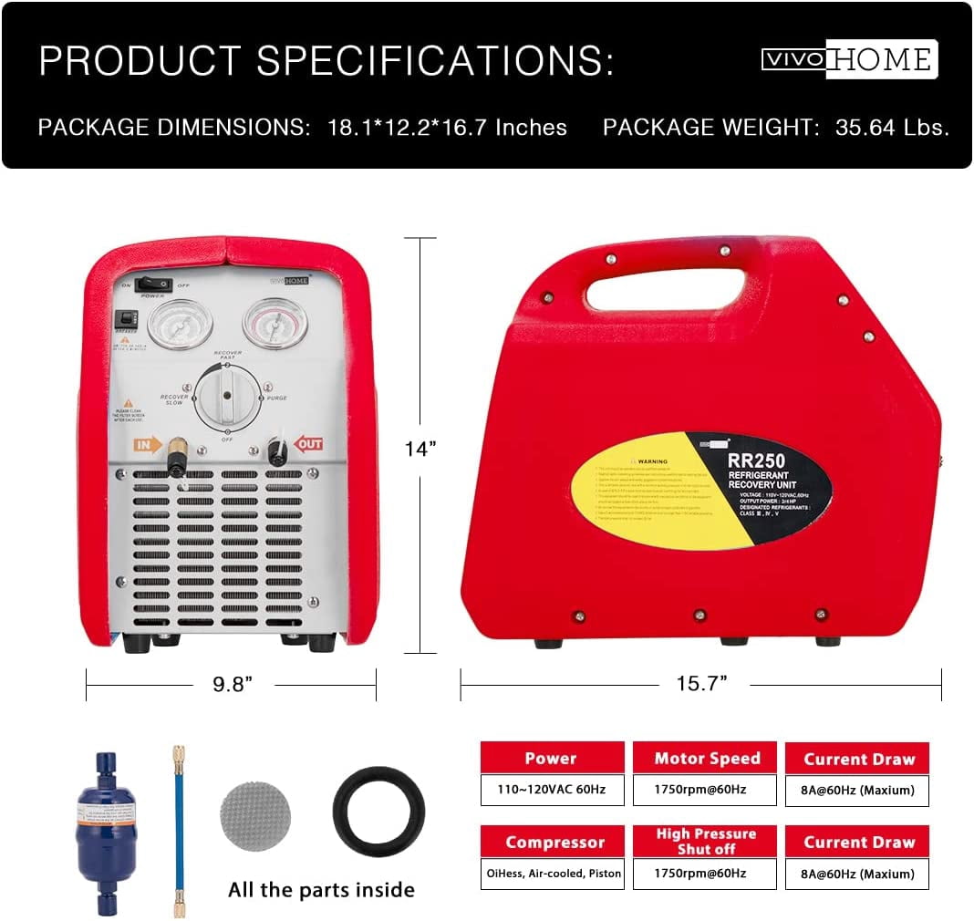 SPECSTAR 110-120V AC 60Hz 3/4HP Single Cylinder Portable Refrigerant Recovery Machine, Red