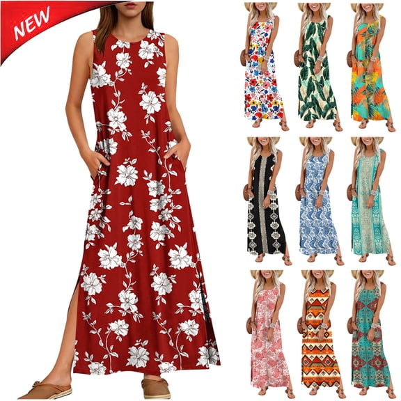Tqyyweavej Women's Maxi Dress Printed Loose Fit Sleeveless Dress Side Slit Color Block Crewneck Summer Dresses for Women with Pockets