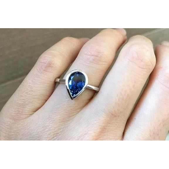 HeartsAndYou 0.7ct Natural Pear Blue Sapphire Ring Bezel Set Solitaire 14k SOLID White Gold