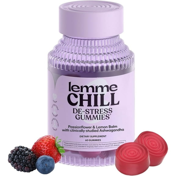 Lemme Chill Stress Relief Gummies with 300mg KSM-66 Ashwagandha, Lemon Balm, Passionflower & Goji to Support Relaxation, Healthy Cortisol & Sleep - Gluten-Free, Non-GMO, Mixed Berry, 60 Count