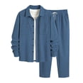 thumbnail image 4 of Men Corduroy 2 Piece Outfit Set, Collared Button Down Long Sleeve Work Shirt and Drawstring Elastic Waist Wide Leg Pants Casual Loungewear Size 2XL Blue, 4 of 7