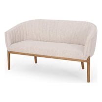 Benjara Fery Loveseat- Beige Fabric Channel Stitched Back- Brown Wood 55 Inch