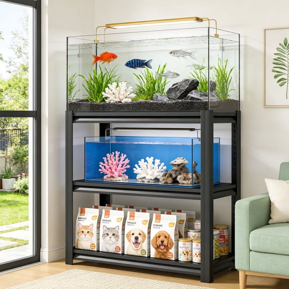 30-40 Gallon Fish Tank Stand - Metal Aquarium Stand, 47.2" W x 18"D x 39" H Adjustable Heavy Duty Reptile Tank Stand, Adjustable 3-Tier Fish Tank Rack Shelf for Home Office, Tank Not Included