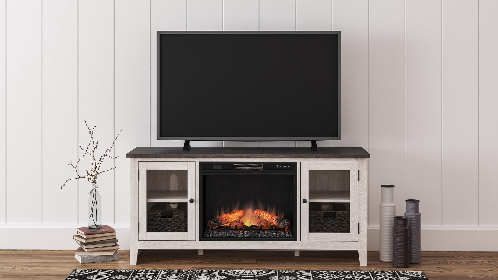 Signature Design by Ashley Dorrinson TV Stand with Fireplace Option, Two-Tone, Farmhouse Entertainment Center for TVs up to 65" with Glass Doors