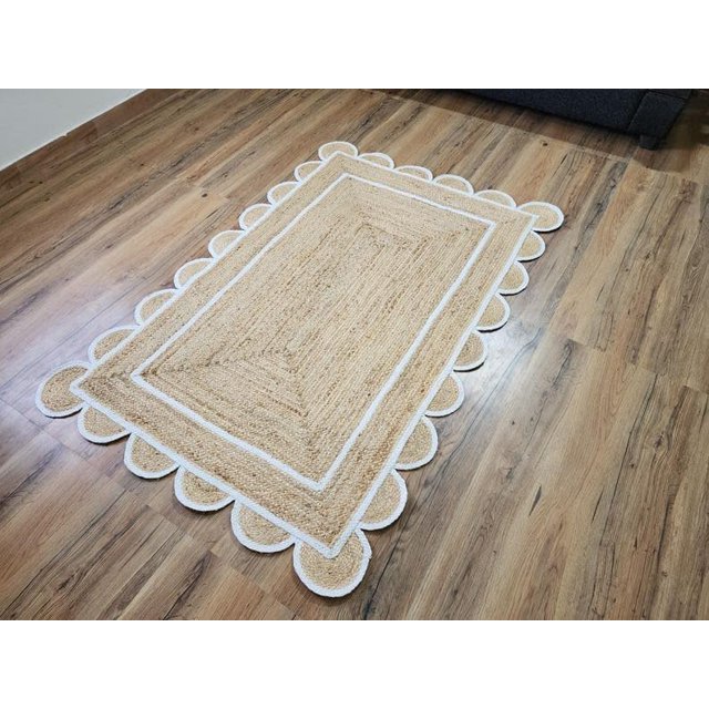 Shree Exports Hand Woven Farmhouse Jute Area Scalloped Rug (White, 2'x6' Feet)