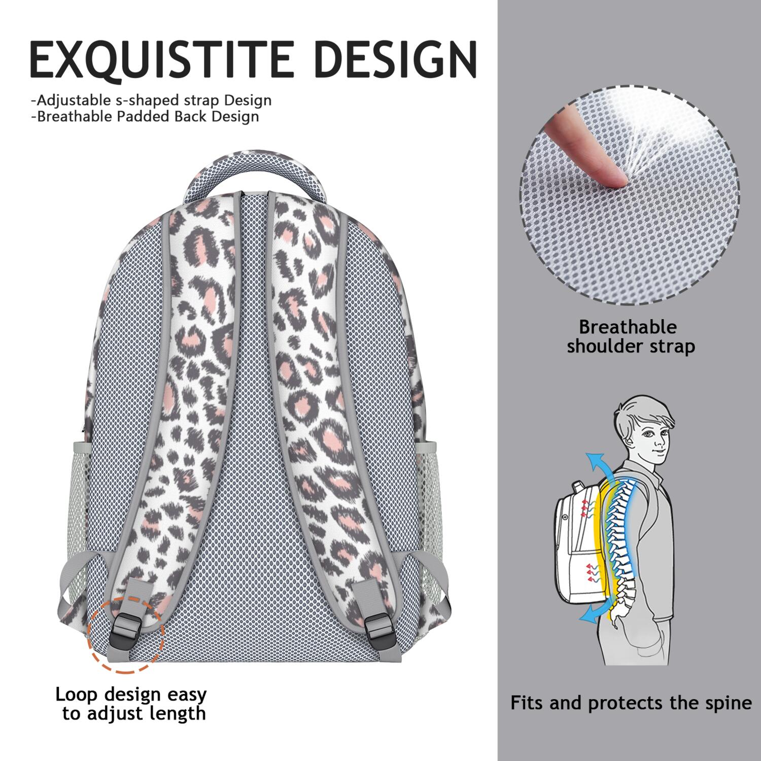 Leopard Print Backpack for School,Cute School Bag,Schoolbag with Adjustable Shoulder Straps & Padded Back,15.3"x11"x6.7"