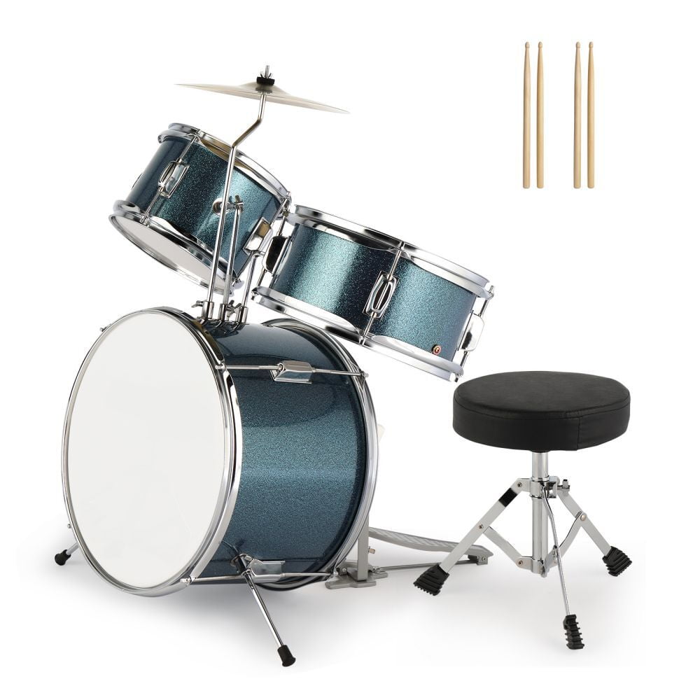 3-Piece Kid Drum Sets for Beginners, 14 inch Junior Drum Kit with Bass Drum, Tom-Tom Drum, 10" Cymbal, Bass Pedal & Round Drum Stool, Sky Blue