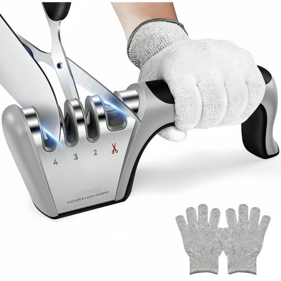 JunJuxs 4-Stage Double-Sided Knife Sharpener with Cut-Resistant Gloves