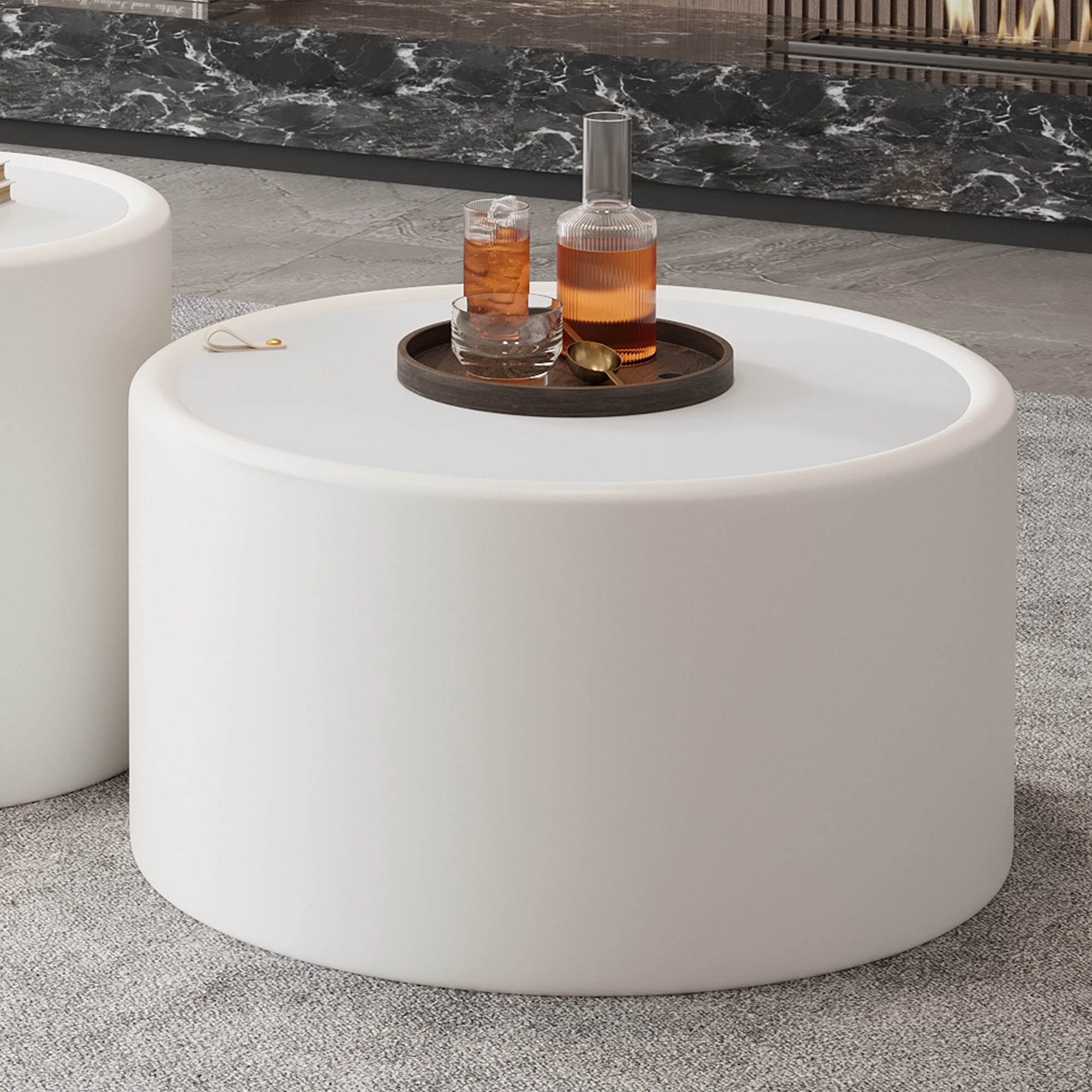Leumius White Round Coffee Table with Tempered Glass Top, PU Leather Body & Hidden Storage, Modern Accent Table for Living Room White 1