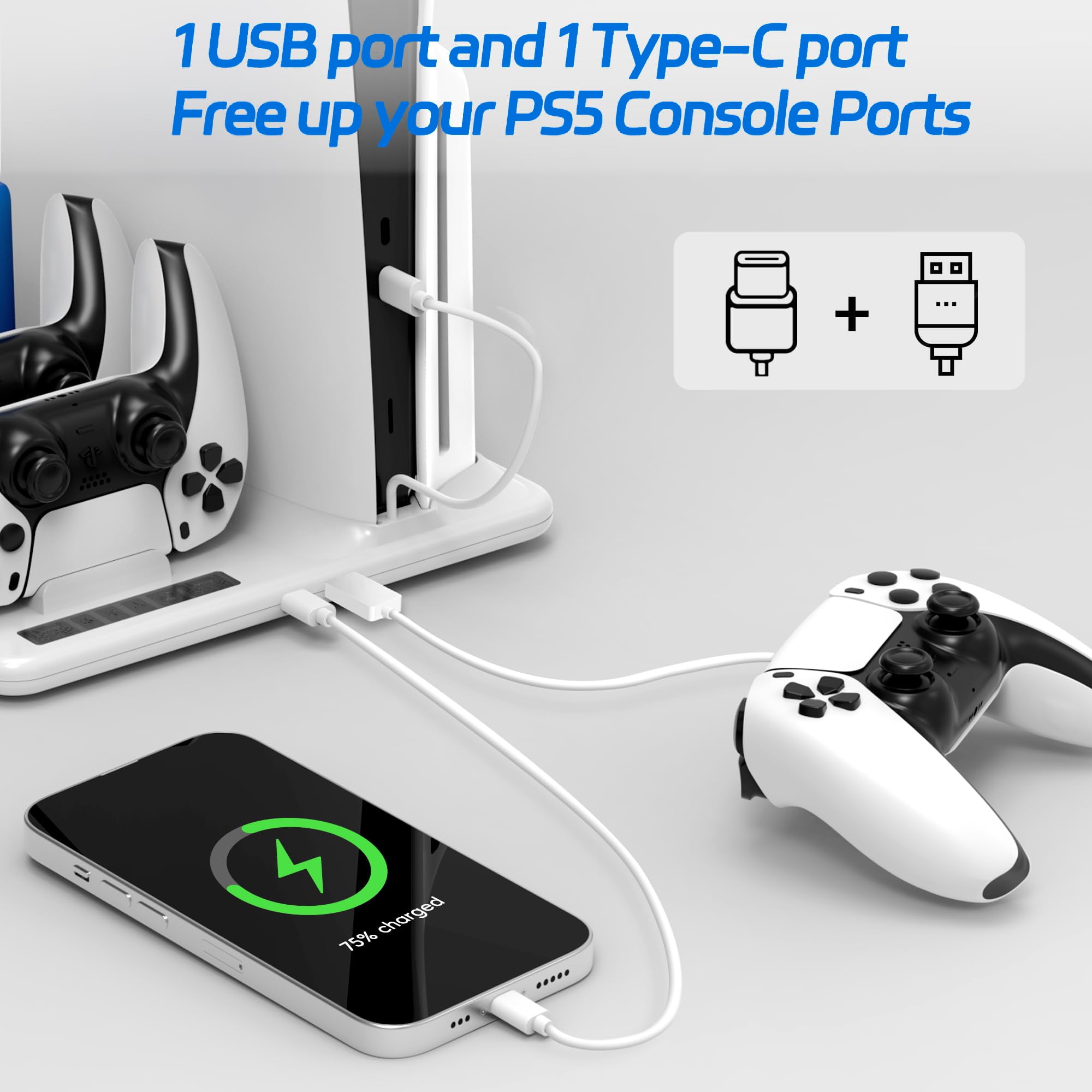 PS5 Slim Stand and Turbo Cooling Station with Controller Charging Station for Playsation 5, PS5 Accessories Kits, with 2 Controller Chargers, 3 Levels Fan, 6 Game Disc Slots, Headset Holder