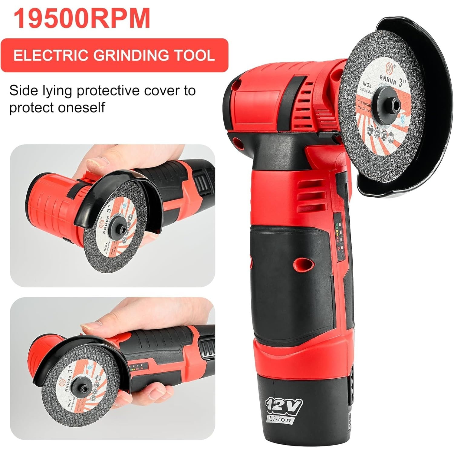 LithiCraft  3 Inch Brushless Angle Grinder Tool, Brushless Motor  12V Cordless Portable Angle Grinder with 2pcs 1500mAh Battery, 19500rpm Handheld Cutter for Polishing Ceramic Tile Wood Stone Steel