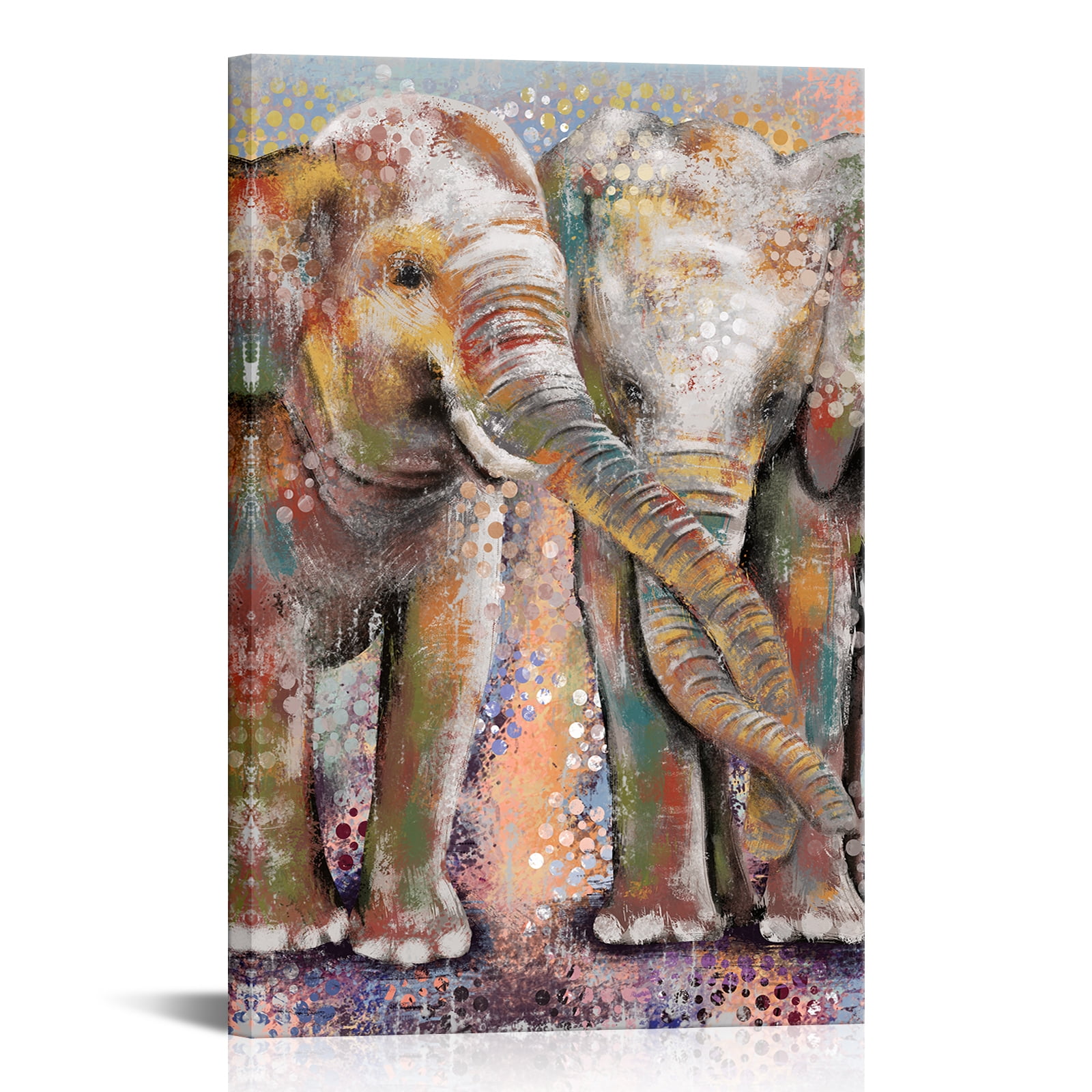 Visual Art Decor Elephant Painting Canvas Wall Art Elephant Couple Graffiti Art Print Wlidlife African Animal Pictures Love Artwork for Home Living Room Bedroom Framed Ready to Hang 16'x 24'