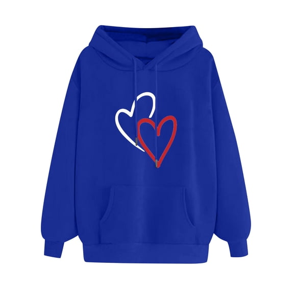 Fanxing Clearance 2025 Juniors Oversized Sweatshirts Heart Pattern Long Sleeve Hoodies Pullover Sweatshirt with Pocket Drawstring Casual Basic Top Blouse Blue XXXL