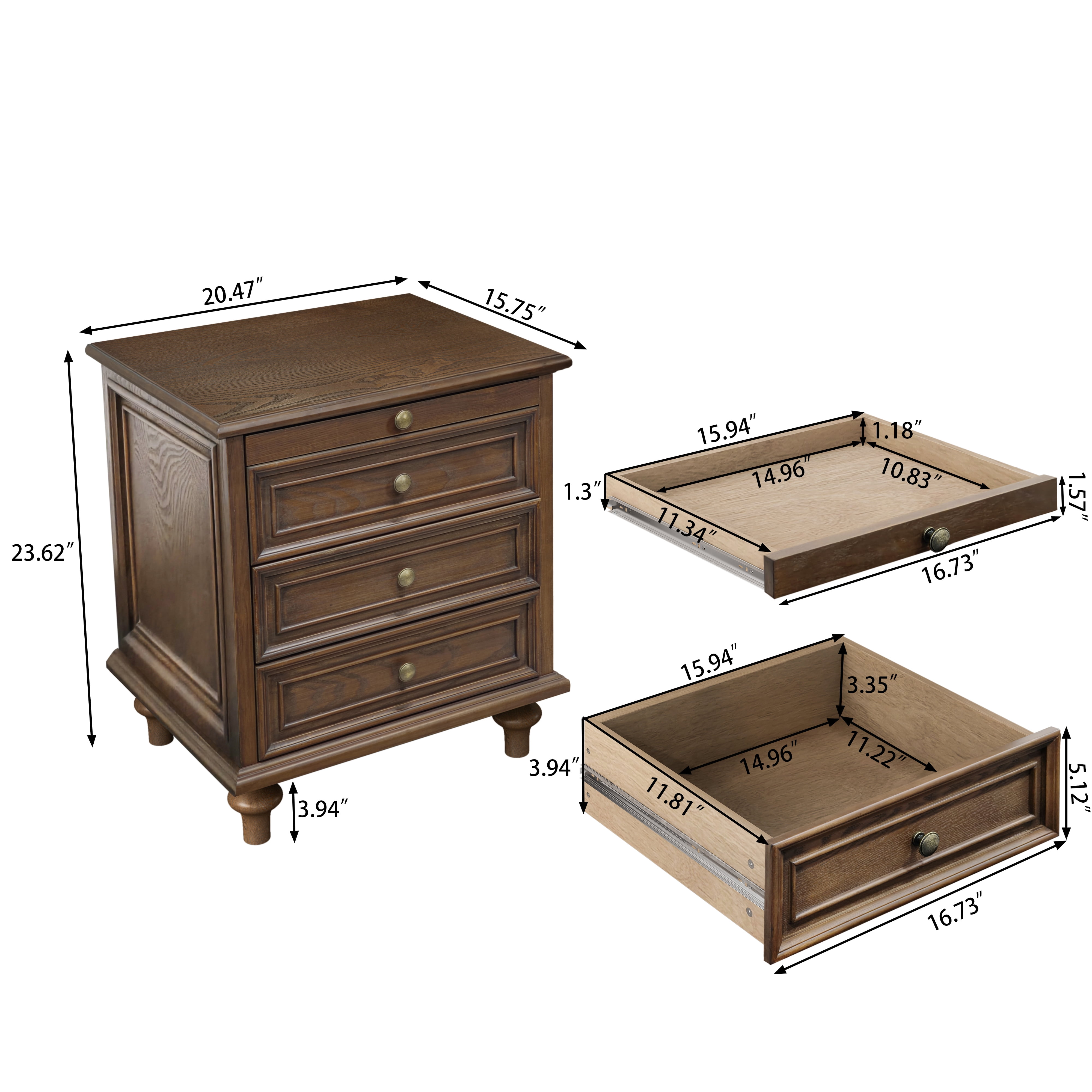 Farmhouse Nightstands Set of 2 with 4 Drawer,Wood Storage End Table with Hidden Pull-Out Shelf, Large Side Table with 4 Solid Wood Feet and Metal Handle,Easy Assembly,Walnut Brown