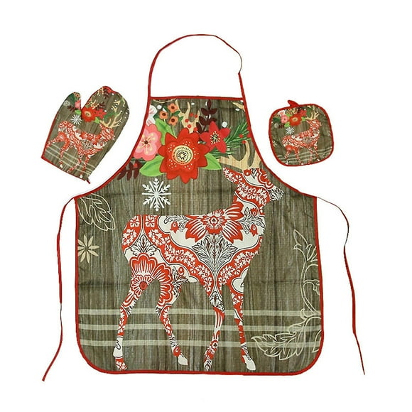 Christmas Home Furnishing Fabric Apron Heat Insulation Gloves Heat Pad 1 Set