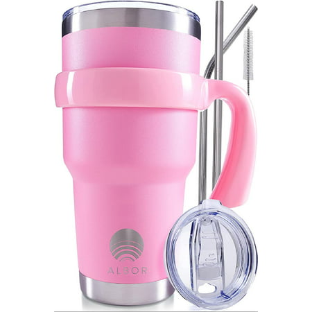 

Insulated Tumbler with Lid and Straw - 30 oz Insulated Coffee Mug with Handle Travel Coffee Mug Triple Insulated Technology with 2 Lids 2 Metal Straw Brush and Storage Bag by Pink