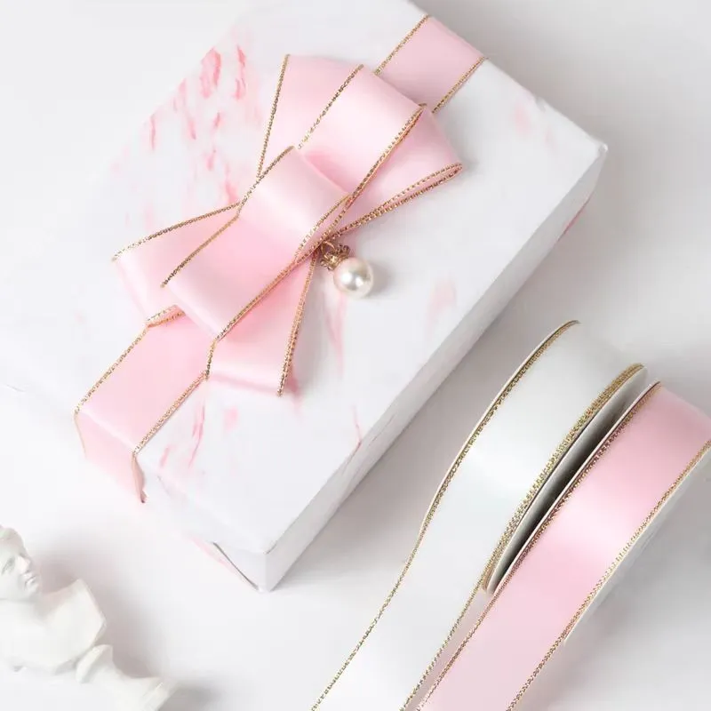 5-roll decorative satin ribbon with golden edges, used for gift wrapping, parties, and Christmas decoration, total length 114.25m
