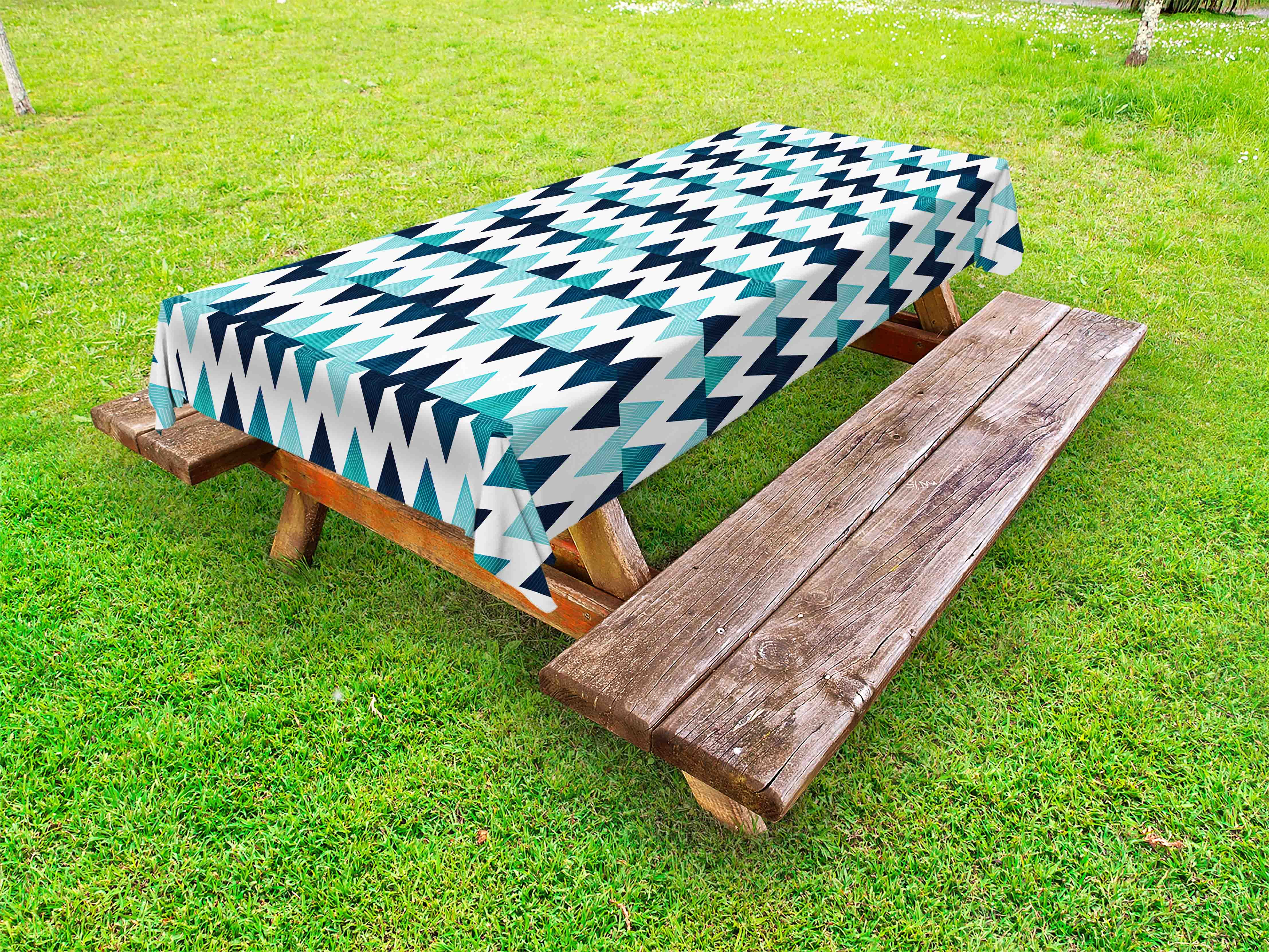 Blue and White Outdoor Tablecloth, Horizontal Zigzag Borders with Striped Design and Modern Look