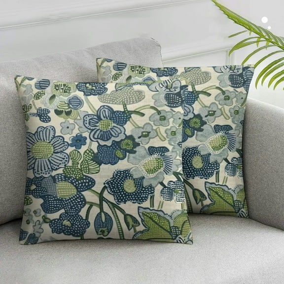 Acheng French Flower Blue Grey Green Check Throw Pillow Cover Set of 2,Traditional Checkered Decorative Pillow Cases Square Cushion Covers for Sofa Couch White