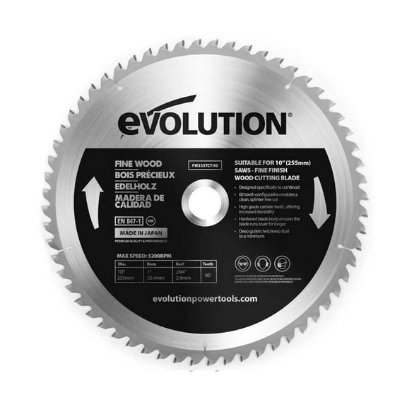 Evolution 10 in. 60T, 1 in. Arbor, Tungsten Carbide Tipped Fine Wood Cutting Blade (Fits Miter Saws)