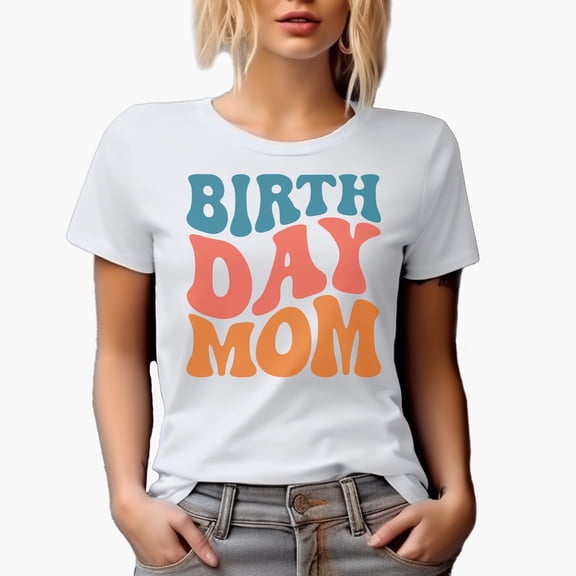 Birth Day Mom, Mom's Birthday Themed, Groovy Retro Wavy Text Merch Gift, White T-Shirt, Small