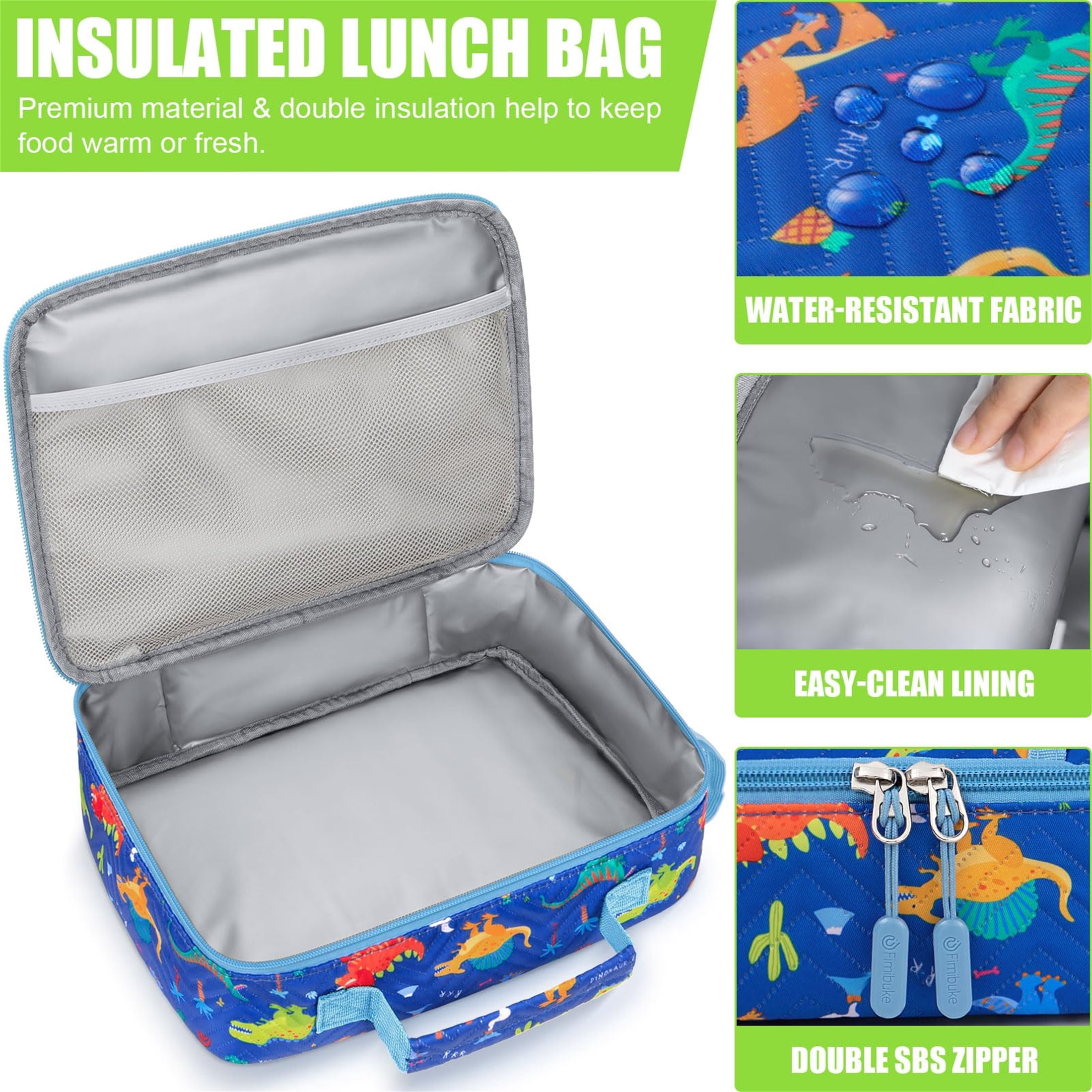 Bento Lunch Box with 4 Compartments, Insulated lunch Bag, 14oz Stainless Steel Water Bottle, Ice Pack, Utensils Set (Blue Dinosaur])