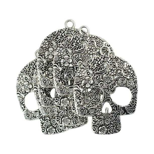 6 piezas grandes de flor hueca con forma de calavera, colgante, joyería, regalo, plata antigua