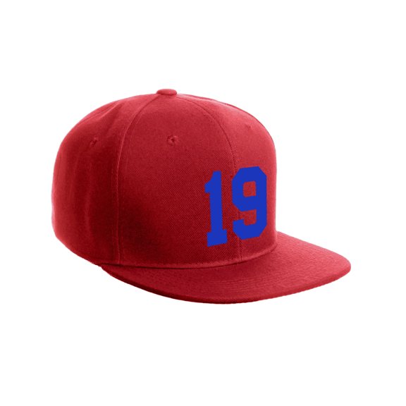 Classic Flat Bill Visor Snapback Hat Custom Color Player Team Numbers, Number 19 Royal, Red Hat