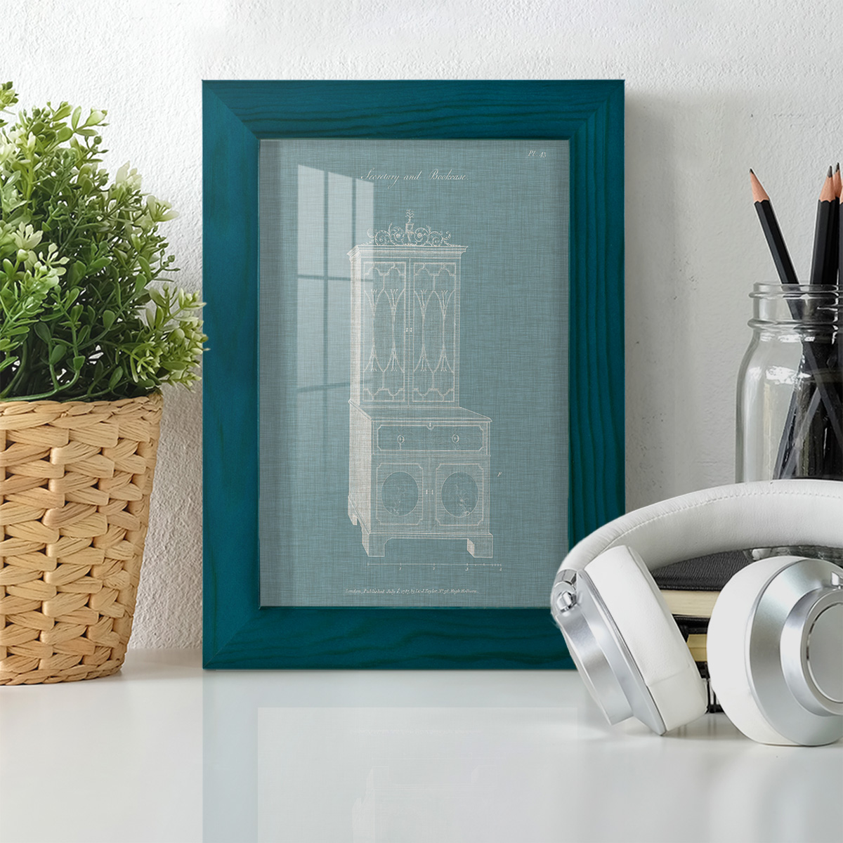 Hepplewhite Desk & Bookcase III - Framed Print w/glass - Ocean Blue