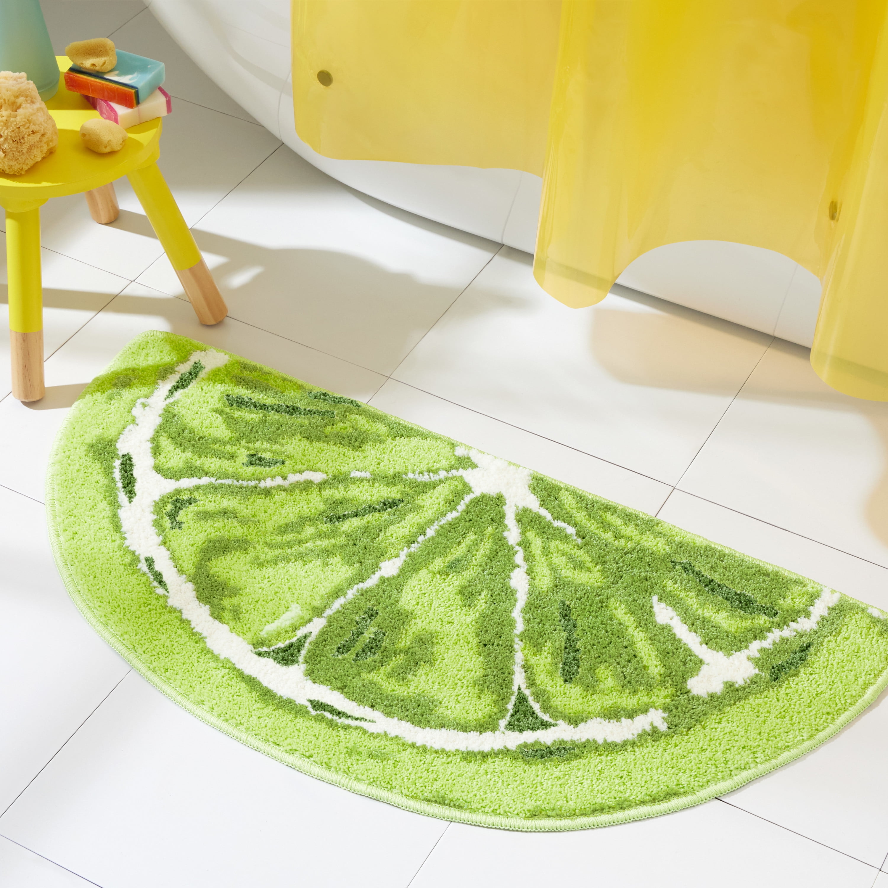 TOWN & COUNTRY PLAY Citrus Slice Lime Half Circle Shaped Bath Mat, Absorbent Tufted Floor Mat, Non-Slip Backing, Machine Washable, Green, 34.7"x18.1"