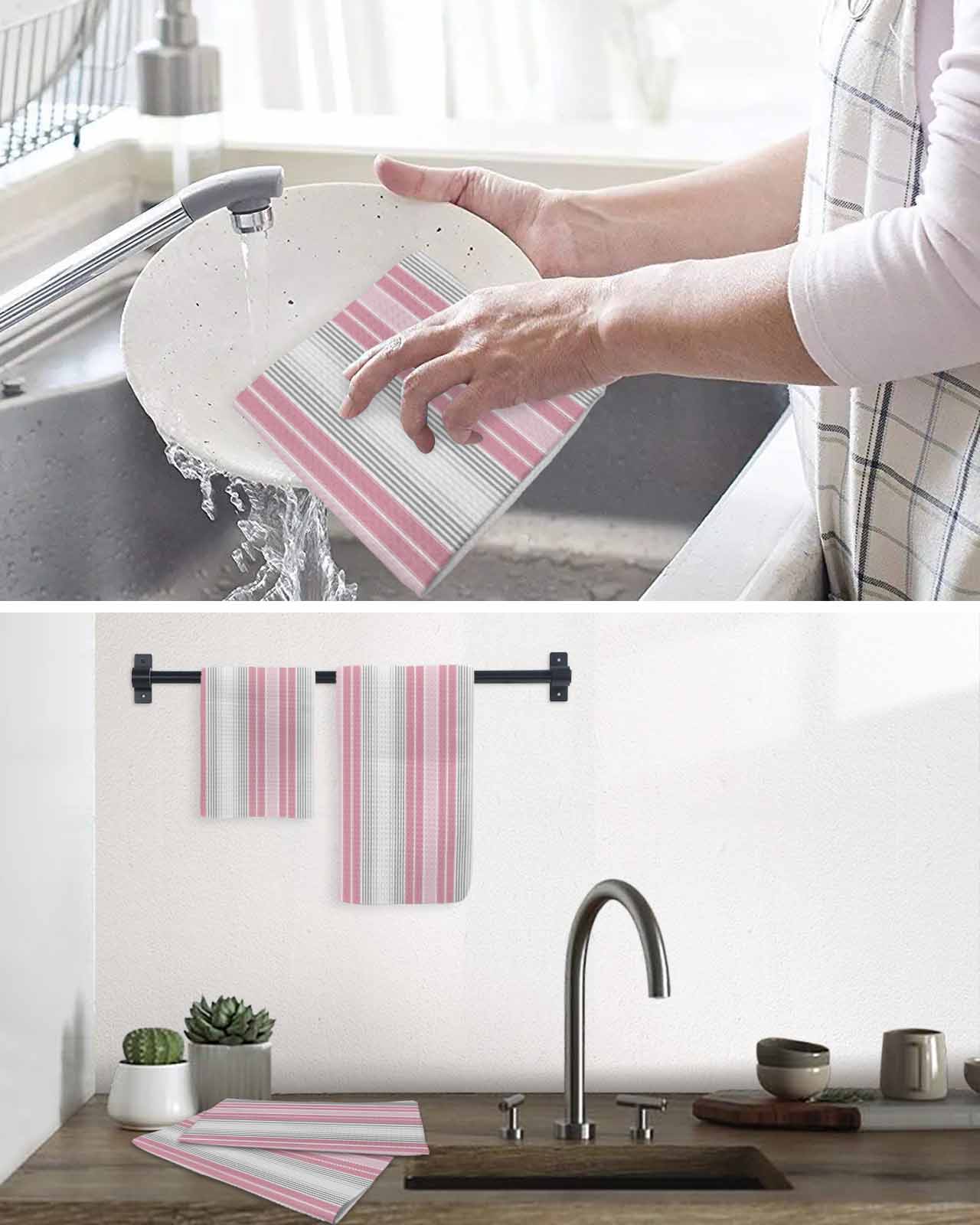 Pink Gray Stripes Kitchen Dish Towels for Drying Dishes Set of 3, Chic Modern Abstract Vertical Lines Waffle Weave Microfiber Terry Hand Tea Bathroom Towels Quick Dry & Absorbent Towel 15.7x23.6