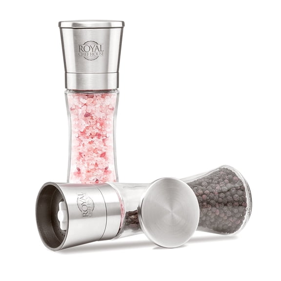 Himalayan Pink Salt & Black Pepper Grinders by Royal Chef House - Pre-filled with Himalayan Rock Salt and Pepper - Premium Glass and Stainless Steel Salt Mill and Pepper Mill