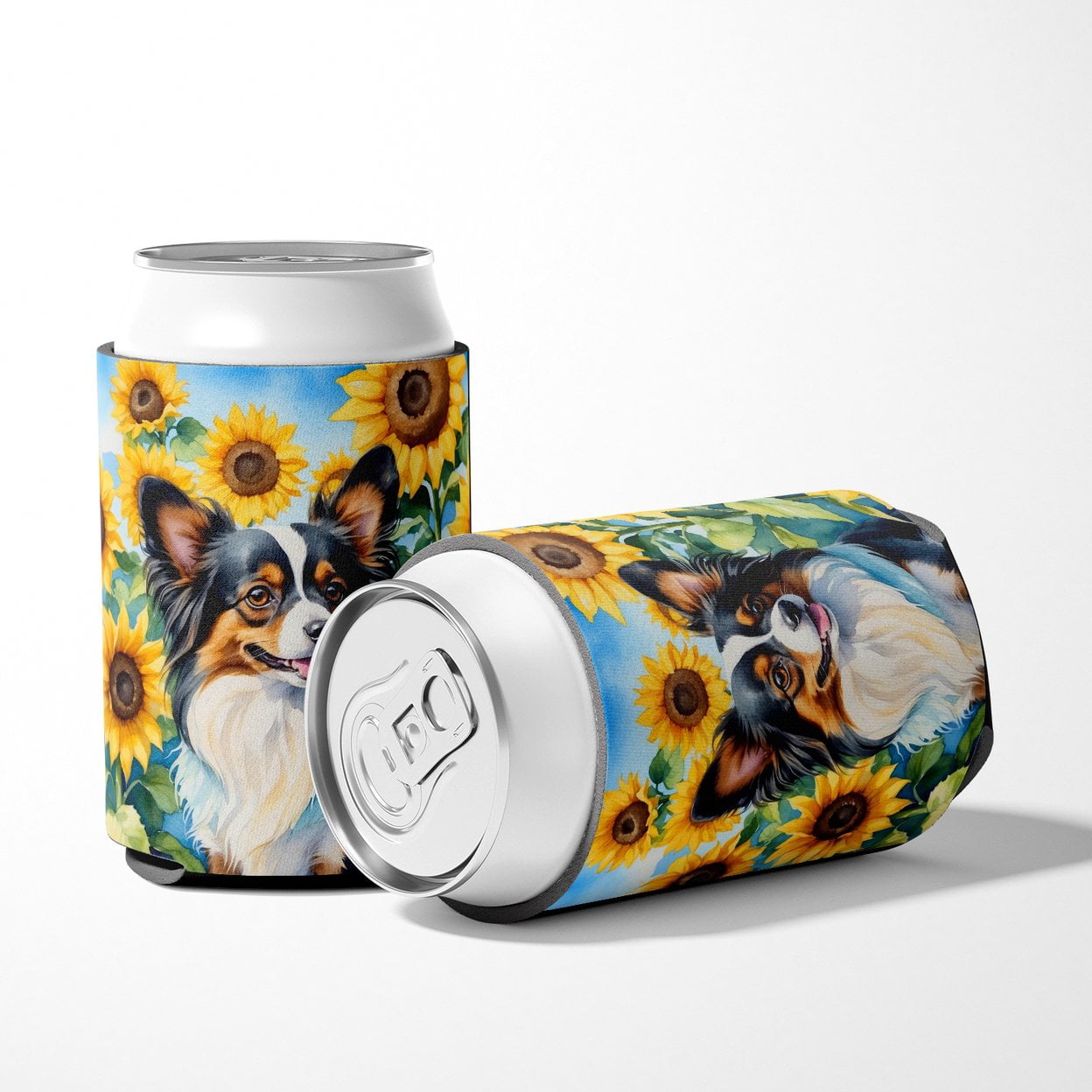 Papillon in Sunflowers Can or Bottle Hugger 3 in x 5 in