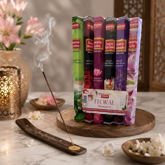 Moksh Agarbatti | Incense Sticks for Home | Set of 6 Variety Pack (120 Sticks) | Exotic Scent Pack (Jasmine, Red Rose, Lotus, Night Queen, Lavender & Lily)