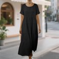 thumbnail image 2 of FRSASU Robe en Coton et Lin pour Femme à Manches Courtes, Col Rond, Robe Maxi Bohème, Décontractée, Été, Modeste, Longue et Fluide, Plage, Vacances, Robes, Noir, TTG (TTG), 2 of 5