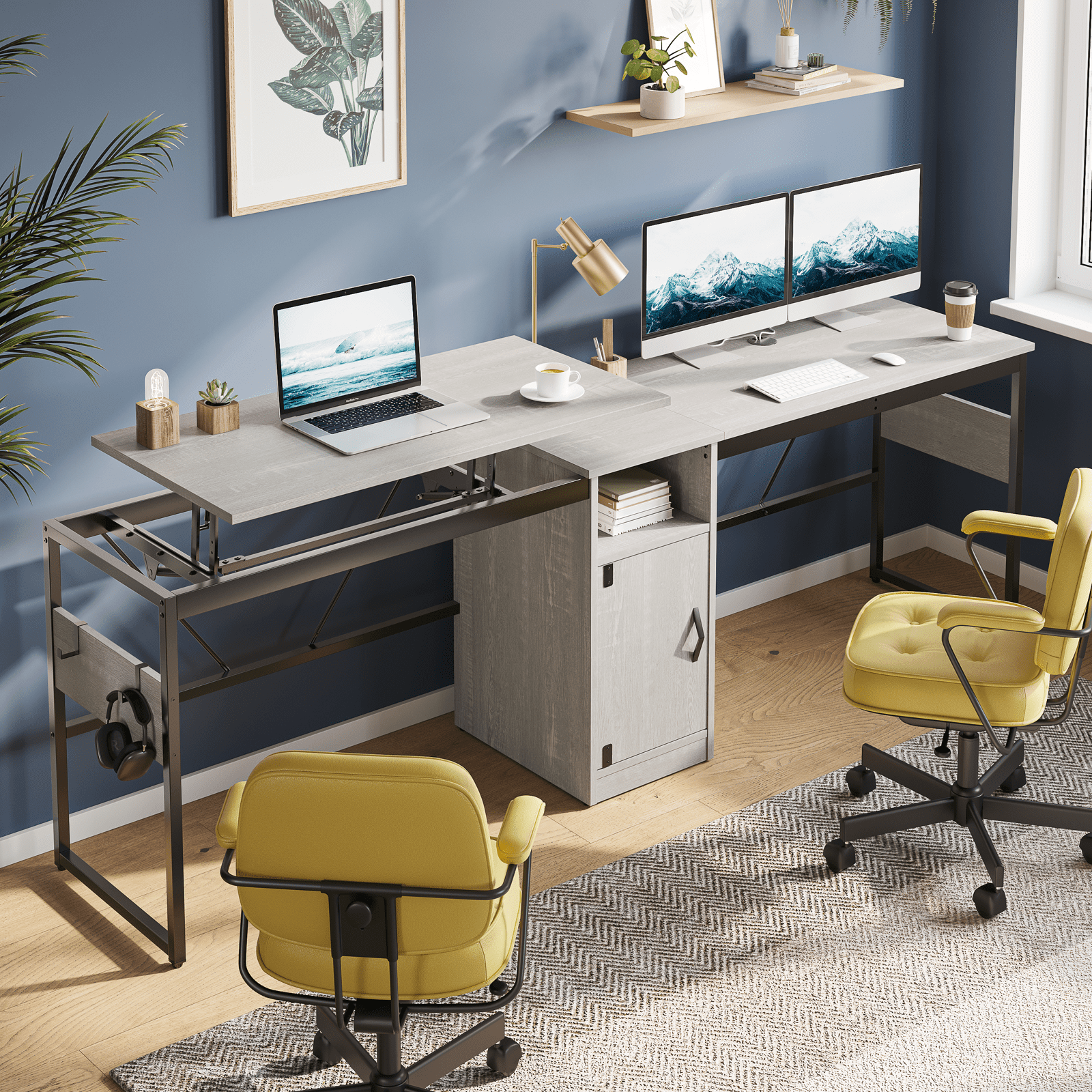 Bestier Versatile 60 Inch L-Shaped Standing Desk, Lift Top Corner Desk Extending to 95 Inches with Storage Cabinet and Hooks for Home Office, Washed White