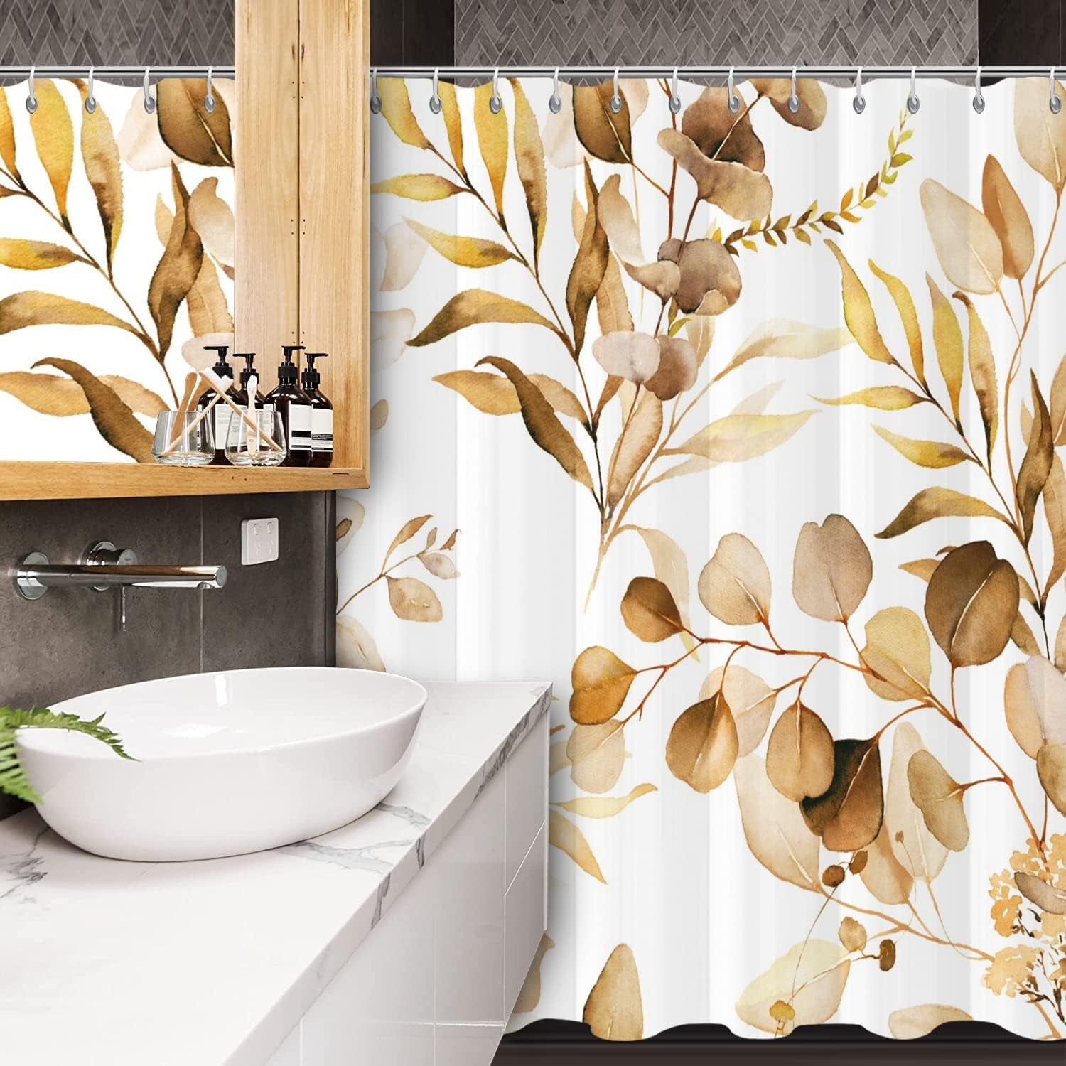 Brown Eucalyptus Leaf Long Shower Curtain, Brown Botanical Watercolor Plants Bathroom Curtain Bathtub Home Decor Waterproof Fabric Machine Washable with 12 PCS Hooks,72" Wx84 L
